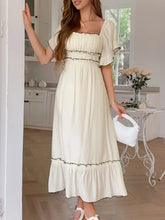 Square Neck Puff Sleeve Ruffle Trim Maxi Dress Apricot OutfitFlow