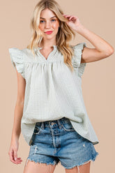 Ces Femme Plaid Notched Ruffled Cap Sleeve Blouse Light Green OutfitFlow