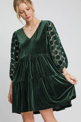 Umgee Dotted Lace Sleeve Tiered Velvet Mini Dress Dark Green OutfitFlow