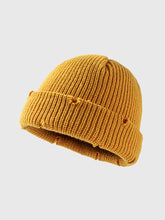 Distressed Cuffed Knit Hat Yellow One Size OutfitFlow