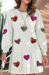 Sequin Heart Round Neck Long Sleeve Mini Dress White OutfitFlow