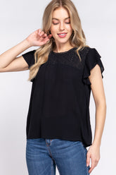 ACTIVE BASIC Ruffle Short Sleeve Crochet Blouse Black OutfitFlow