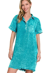 Zenana Tencel Mineral Washed Collared Shirts Dress LT TEAL OutfitFlow
