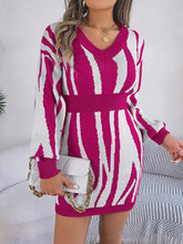 Animal Print V-Neck Long Sleeve Sweater Dress Cerise OutfitFlow