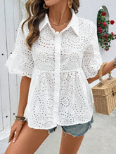 Eyelet Solid Collared Neck Half Sleeve Shirt White OutfitFlow