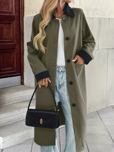 Contrast Collar Button Up Coat Green OutfitFlow