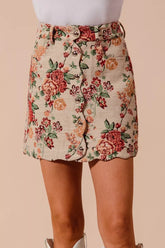 SO ME Floral Jacquard Button Front Mini Skirt with Scall FLORAL OutfitFlow