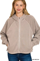 Zenana Fleece Pigment Dye Zip Up Hoodie with Pockets ASH MOCHA OutfitFlow