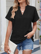 Eyelet Notched Short Sleeve Top Black OutfitFlow