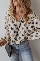 Printed Tie Neck Long Sleeve Blouse White S OutfitFlow