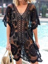 Lace V-Neck Half Sleeve Cover-Up Black One Size OutfitFlow