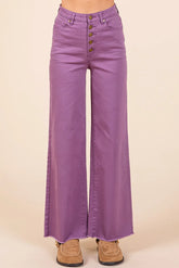 Mittoshop Twill High Waisted Button Fly Wide Leg Pants PLUM OutfitFlow