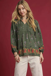 Umgee Floral Boho Peasant Blouse FOREST GREEN OutfitFlow