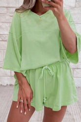 Loose V Neck Half Sleeve Tee and Drawstring Shorts Plus Size Lime OutfitFlow