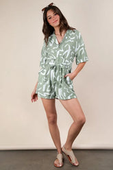 VERY J Oversized Printed Button Down Resort Romper Sage OutfitFlow