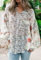 Floral Collared Neck Long Sleeve Shirt Floral OutfitFlow