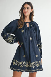 MABLE Embroidered Long Sleeve Peasant Mini Dress Navy OutfitFlow