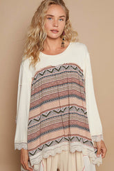 POL Bohemian Geometric Print Long Sleeve Top with Lace Trim BUTTER MILK OutfitFlow