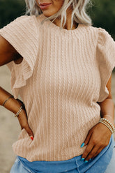 Texture Round Neck Cap Sleeve Top Eggshell OutfitFlow