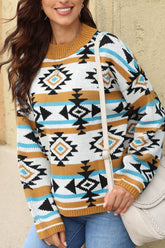 Geometric Round Neck Long Sleeve Sweater Camel OutfitFlow