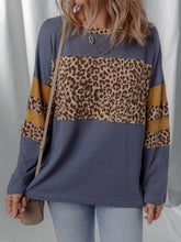 Leopard Color Block Long Sleeve Drop Shoulder Top Dark Blue OutfitFlow