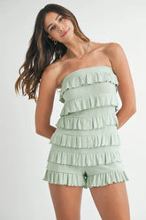 MABLE Pointelle Knit Fabric Ruffled Tube Romper Lt Sage OutfitFlow