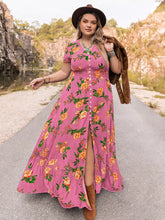 Plus Size Floral V-Neck Short Sleeve Maxi Dress Fuchsia Pink OutfitFlow