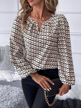 Cutout Printed Long Sleeve Blouse Tan OutfitFlow