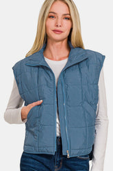 Zenana Zip Up Cropped Puffer Vest with Pockets Dusty Blue OutfitFlow