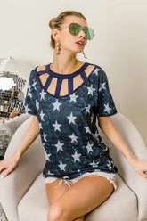 BiBi Vintage Star Print Top With Contrast Caged Neck DK NAVY OutfitFlow