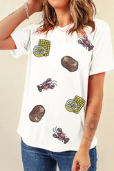 Sequin Crawfish Potato Round Neck Short Sleeve T-Shirt White OutfitFlow