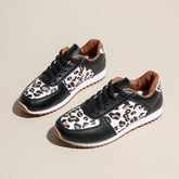 Leopard Round Toe Lace Up Sneakers Black OutfitFlow