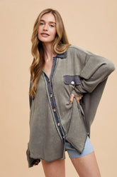 Annie Wear Waffle-Knit Mineral Washed Button Down Shirt Charcoal OutfitFlow