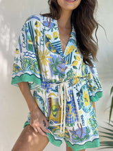 Printed Collared Neck Half Sleeve Romper Turquoise OutfitFlow
