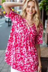 Heimish Full Size Short Sleeve Crisscross Animal Babydoll Top Plus Size Hot Pink OutfitFlow