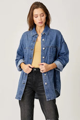 RISEN Button Up Drop Shoulder Denim Shacket Medium OutfitFlow