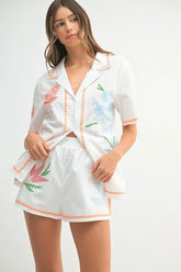 MABLE Embroidered Button Down Shirt and Shorts Set Orange OutfitFlow