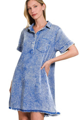 Zenana Tencel Mineral Washed Collared Shirts Dress CLASSIC BLUE OutfitFlow