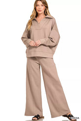 Zenana Scuba Collared Pullover and Pants Set COCOA OutfitFlow