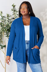 Basic Bae Full Size Ribbed Open Front Cardigan with Pockets Dark Blue OutfitFlow
