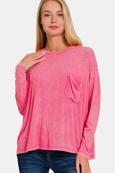 Zenana Round Neck Long Sleeve T-Shirt FUCHSIA OutfitFlow