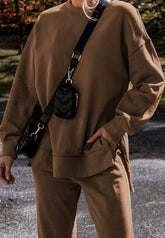 Side Slit Round Neck Long Sleeve Top and Pants Set Coffee Brown OutfitFlow