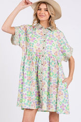 Floral Babydoll Short Sleeves Dress Gum Leaf OutfitFlow