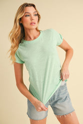Aemi + Co Lettuce Edge Round Neck Short Sleeve T-Shirt Light Green OutfitFlow