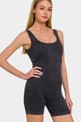 Zenana Washed Ribbed Romper with Pad Black OutfitFlow