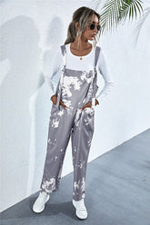 Pocketed Tie-Dye Wide Strap Overalls Gray OutfitFlow