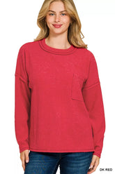 Zenana Ribbed Brushed Melange Hacci Sweater with Chest Pocket DK RED OutfitFlow