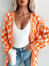 Checkered Pattern Open Front Cardigan Tangerine OutfitFlow