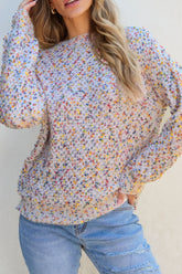 Confetti Round Neck Long Sleeve Sweater Floral OutfitFlow