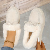 Bow Furry Round Toe Flat Slip-Ons Beige OutfitFlow